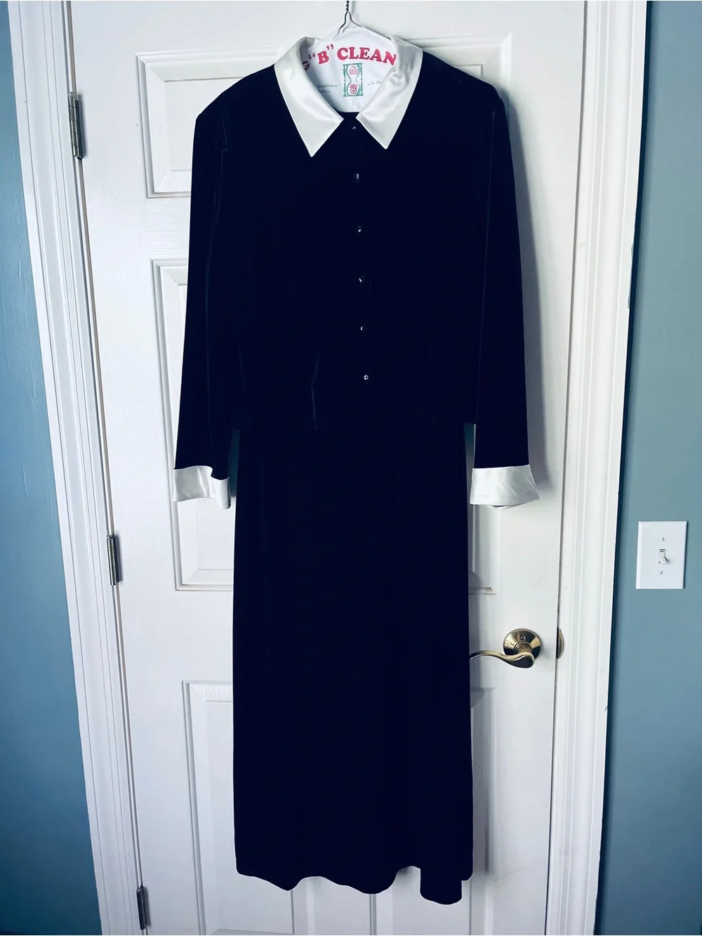 Black Velvet Dress with White Collar and Cuffs
